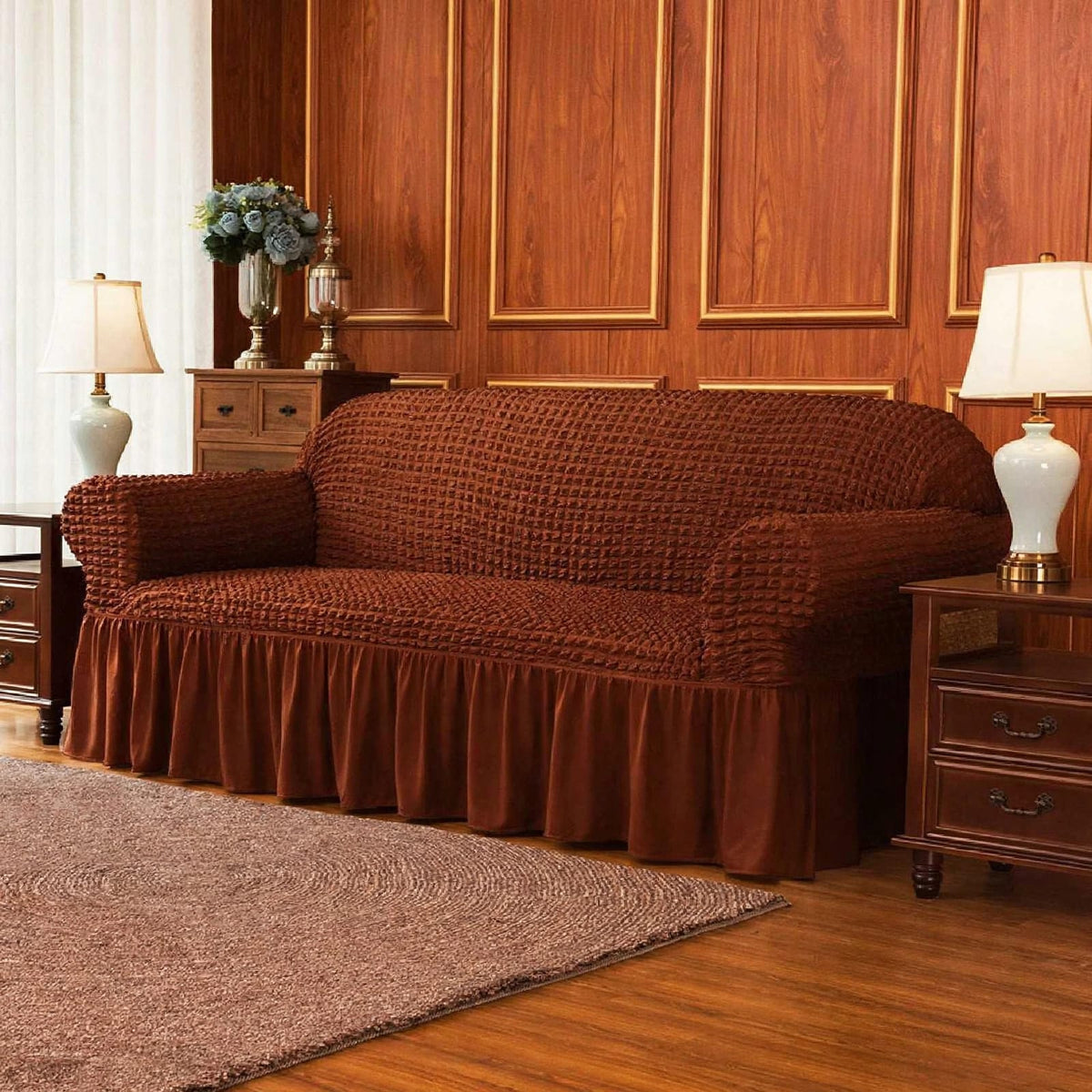 BUBBLE FRILL SOFA COVER - COPPER BROWN