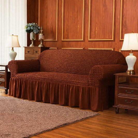 BUBBLE FRILL SOFA COVER - COPPER BROWN
