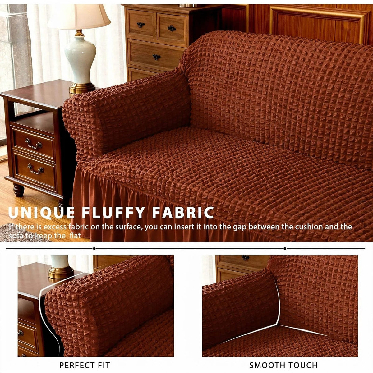 BUBBLE FRILL SOFA COVER - COPPER BROWN