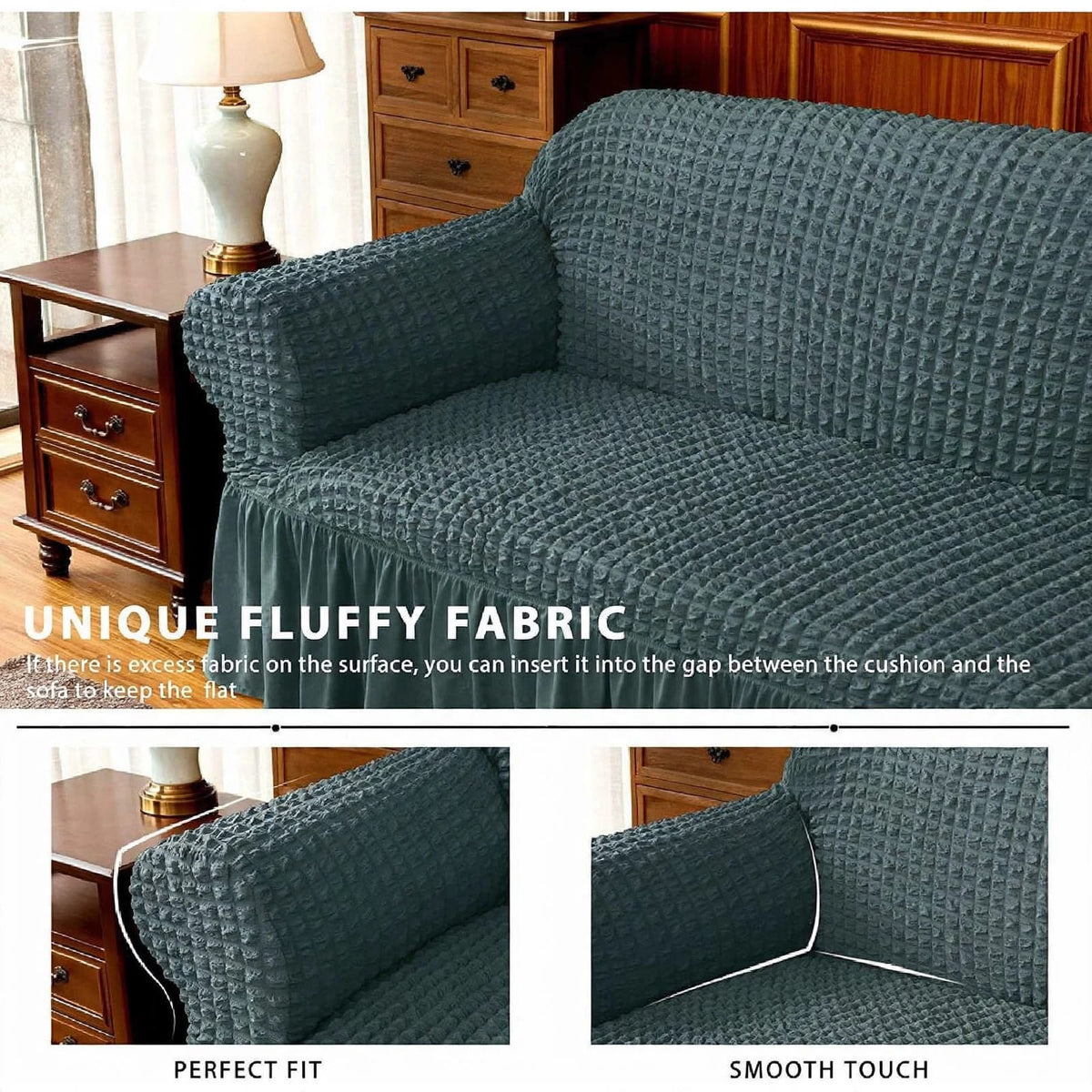 BUBBLE FRILL SOFA COVER - ZINC