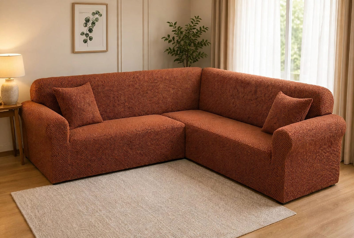 MICRO MASH L - SHAPE SOFA COVER - COPPER BROWN