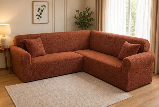 MICRO MASH L - SHAPE SOFA COVER - COPPER BROWN