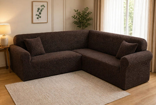MICRO MASH L - SHAPE SOFA COVER - DARK BROWN