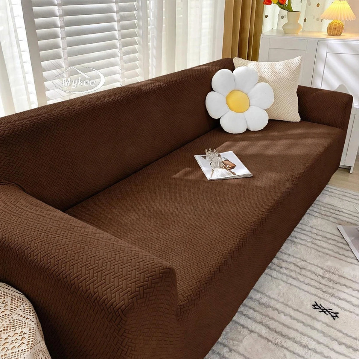 JACQUARD STRIP FABRIC SOFA COVER - DARK BROWN