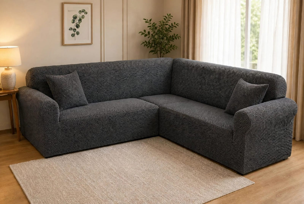 MICRO MASH L - SHAPE SOFA COVER - DARK GREY