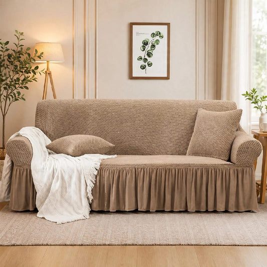 MICRO TURKISH FRILL  SOFA COVER - FAWN