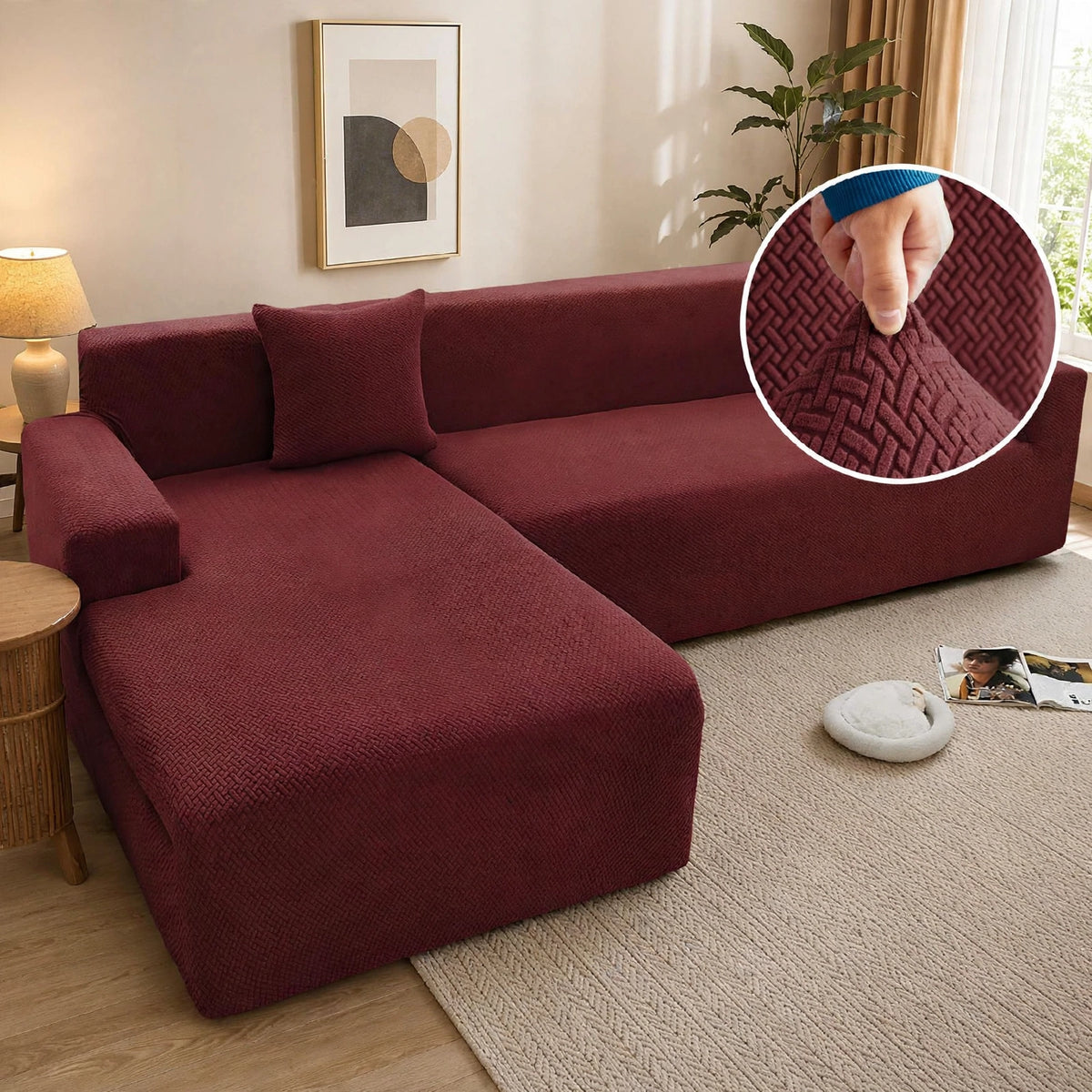 JACQUARD L-SHAPE SOFA COVER - MAROON